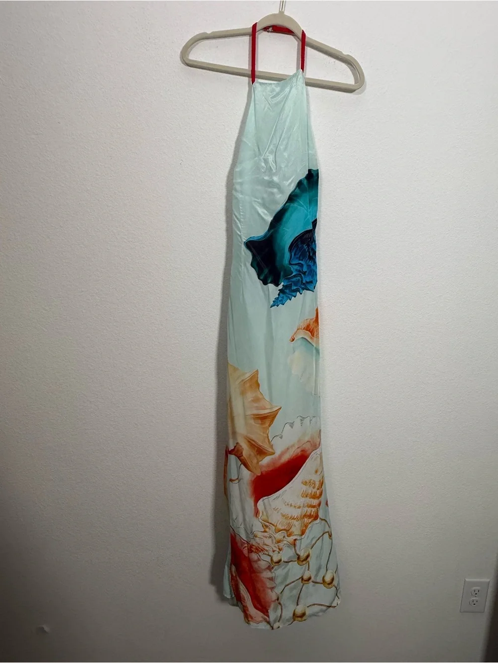 Muma World Murex Mist Vega Silk Halter Maxi Dress Ocean Shell Print Resort Small